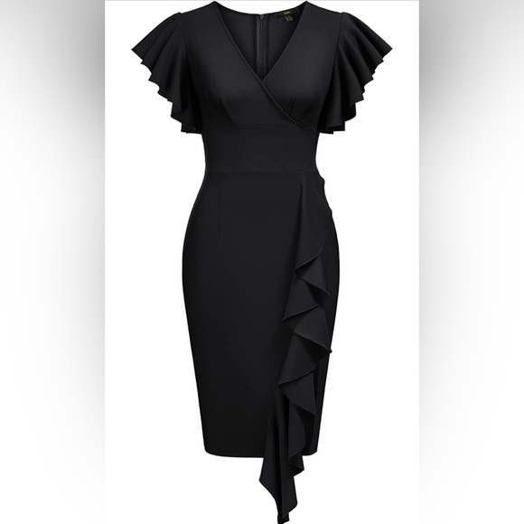 Mother Of The Bride Black Dress Elegant V Neck Ruffle Sleeves Back Zip Knee Length Mother Of The Bride Dresses